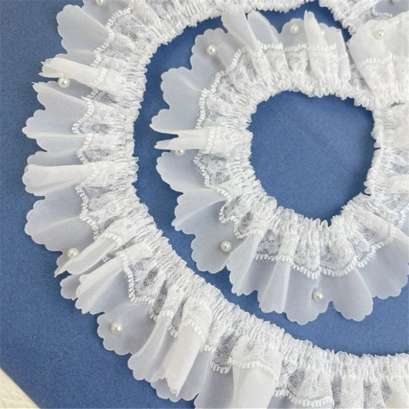 5CM Wide White Double Layers Pleated Chiffon Fabric Beaded Fringe Lace Ribbon Wedding Dress Collar Ruffle Trim DIY Sewing Decor