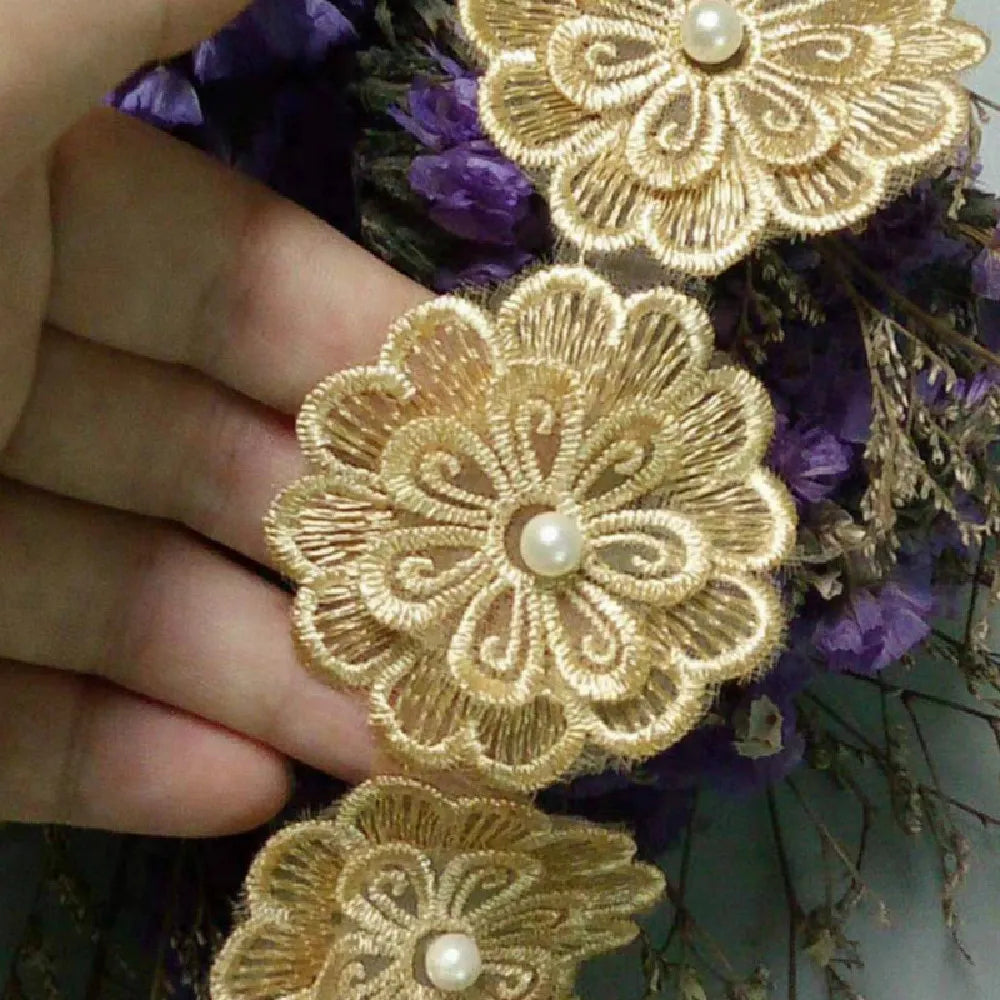 10 x Gold Heart Flower Diamond Lace Edge Trim 5X5cm Wide Bridal Wedding Dress Ribbon Embroidered Applique Sewing Craft 5X5 cm