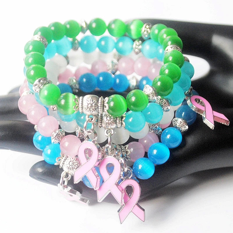 New Breast Cancer Awareness Pink Ribbon Charm Bracelet 5 Color Cat Eye Opal 8mm Beads Bracelets & Bangle  B004