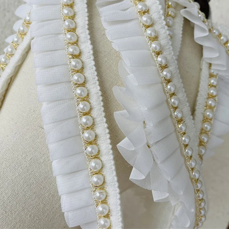 3.5CM Wide White Chiffon Pleats Wed Lace Fabric Needlework Ribbon Frills Glitter Beaded Fringe Lace Edge Trim Sequin Dress Decor