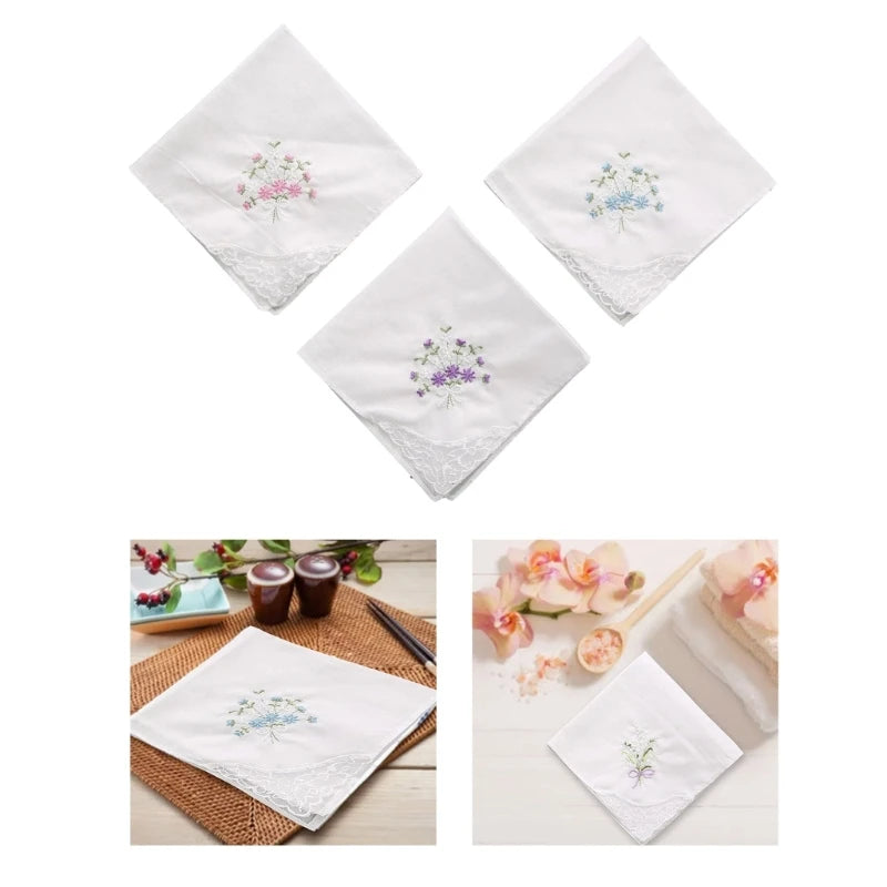 28cm Colorful White Lace Embroidered Handkerchief Square Towel Cotton Soft Embroidered Ladies Handkerchief for Party