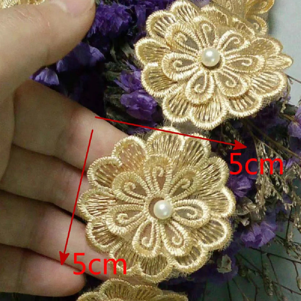 10 x Gold Heart Flower Diamond Lace Edge Trim 5X5cm Wide Bridal Wedding Dress Ribbon Embroidered Applique Sewing Craft 5X5 cm