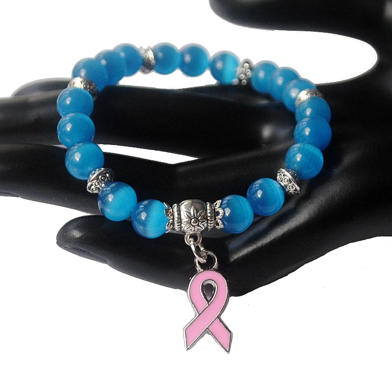 New Breast Cancer Awareness Pink Ribbon Charm Bracelet 5 Color Cat Eye Opal 8mm Beads Bracelets & Bangle  B004