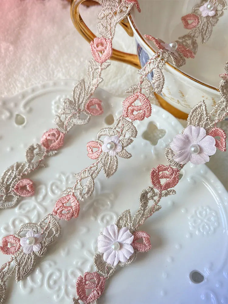 1 Yard 2.2cm Wide Pink Golden Beaded Embroidery Mesh Ribbon Trim for Wedding Dress Fringe Collar Patches Applique Bra Decor Lace