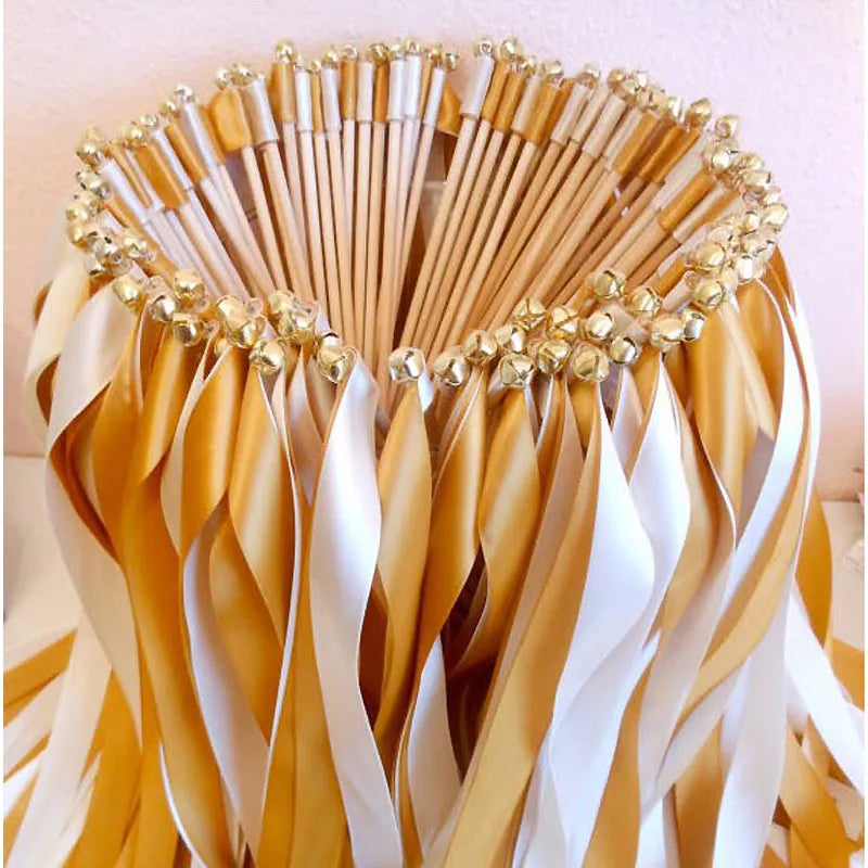 10Pcs/Set Twirling Wands Ribbon Wedding Party Favor Sticks with Bell Bride Groom