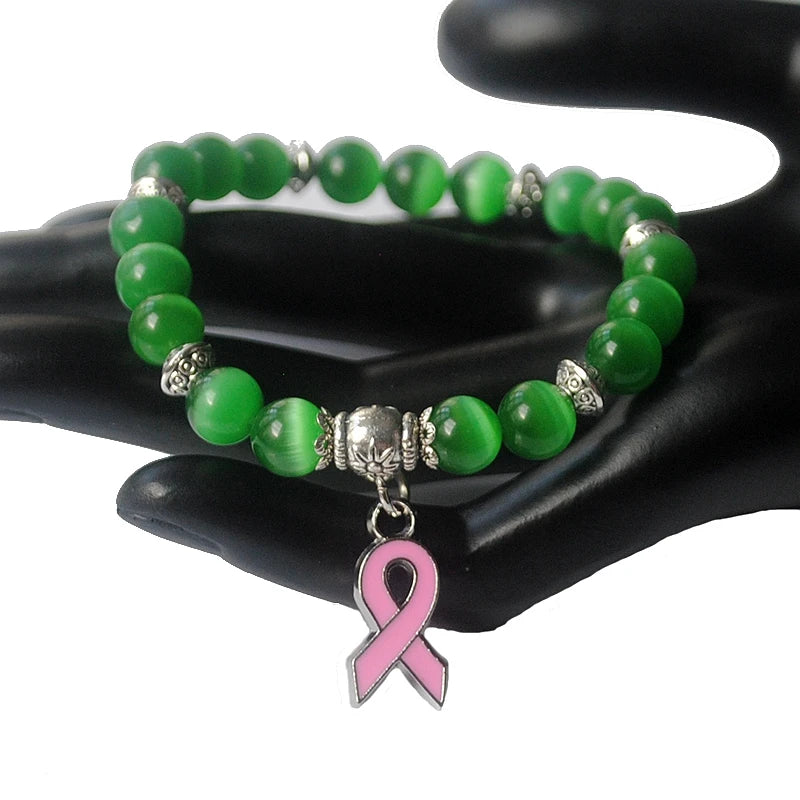 New Breast Cancer Awareness Pink Ribbon Charm Bracelet 5 Color Cat Eye Opal 8mm Beads Bracelets & Bangle  B004