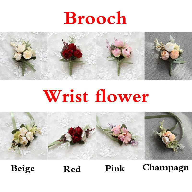 1PC Artificial Silk Plastic Rose Flowers Groom Boutonniere Pin Suit Corsage Bridal Buttonhole Wedding Wrist Flower Party Decor