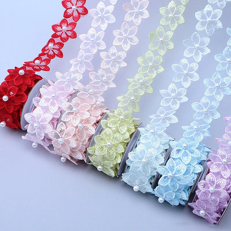 3D Organza Flower Lace Trim Beaded Appliqu 3.3cm Single Layer Petal Ribbon Embroidered Fabric Sew Craft DIY Handmade Cloth Tape