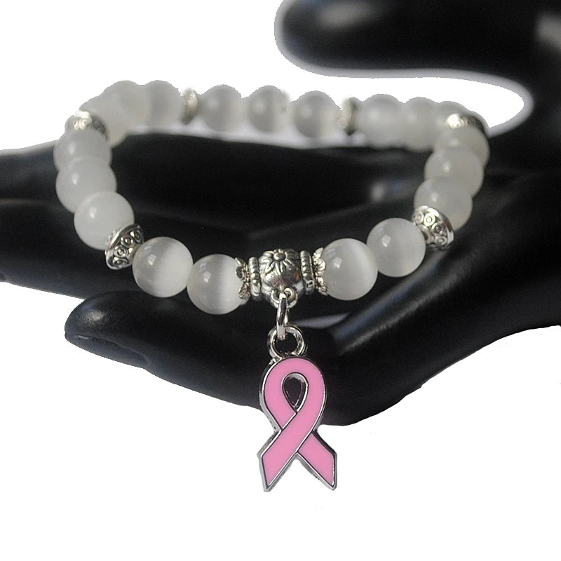 New Breast Cancer Awareness Pink Ribbon Charm Bracelet 5 Color Cat Eye Opal 8mm Beads Bracelets & Bangle  B004