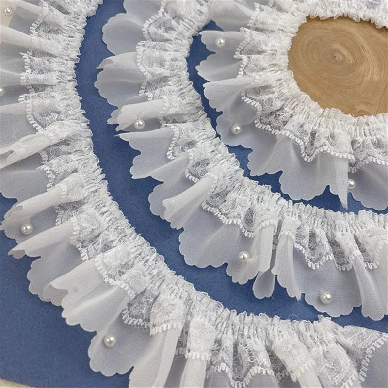 5CM Wide White Double Layers Pleated Chiffon Fabric Beaded Fringe Lace Ribbon Wedding Dress Collar Ruffle Trim DIY Sewing Decor