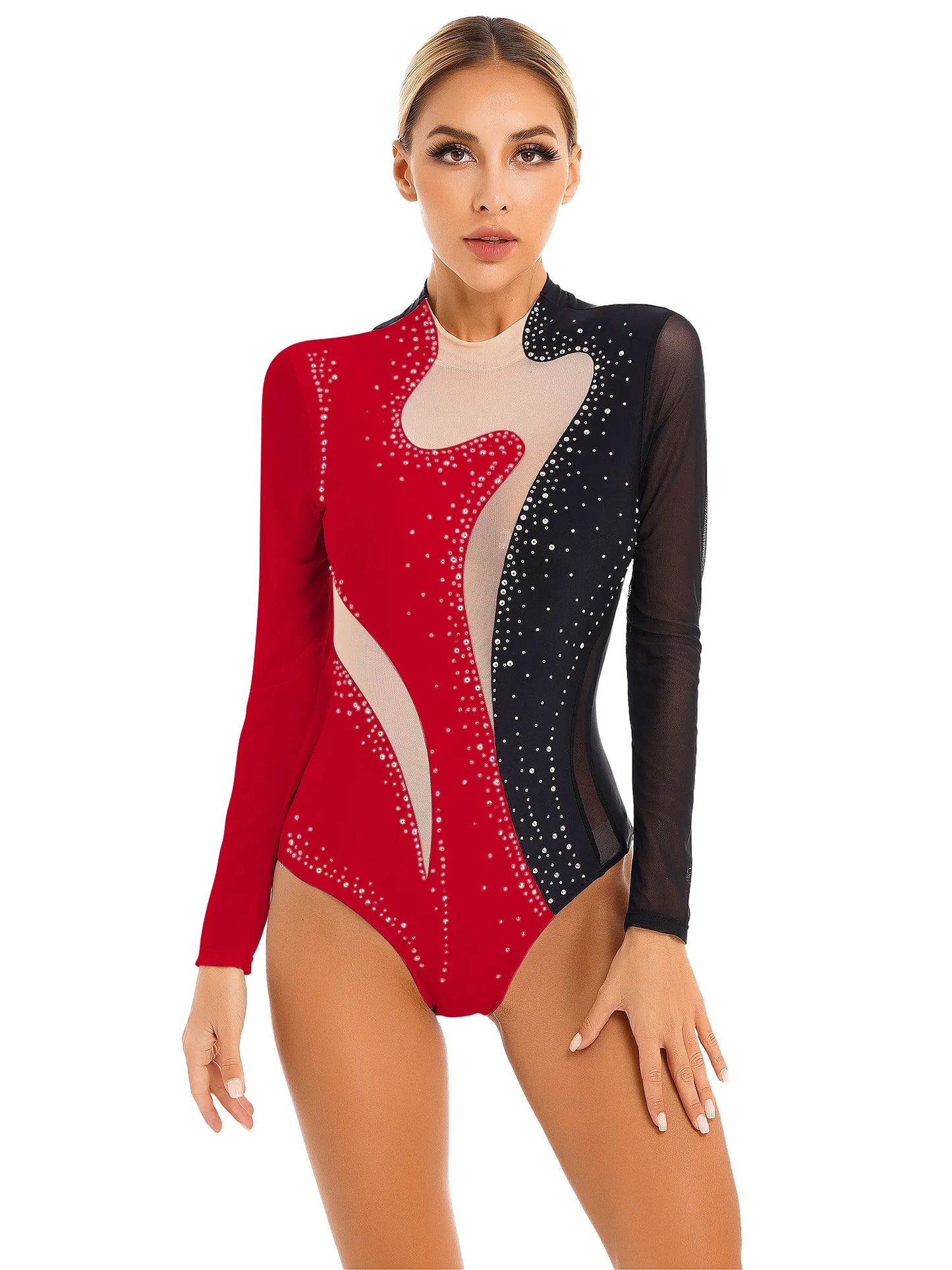 Womens Rhythmic Gymnastics Leotard Ballet Dance Wear Figure Skating Costume Sparkling Rhinestone Sheer Mesh Long Sleeve Bodysuit