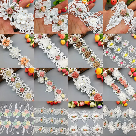 1Yard 3D Colorful Flowers Pearl Lace Trim Embroidered  Ribbon Fabric Handmade Beaded Sewing Craft For Costume Hat Decoration