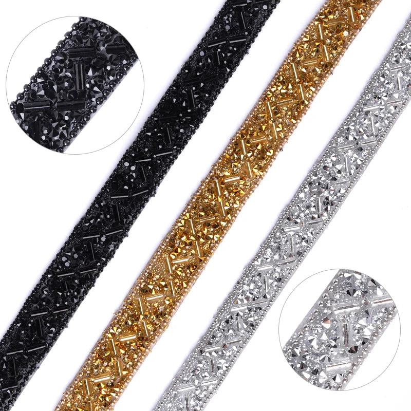 QIAO 11mm Rhinestones Seed Beads Ribbon Glitter Crystal Tapes Glass Trimming for Clothing Decorations Rhinestones Trim Crafts