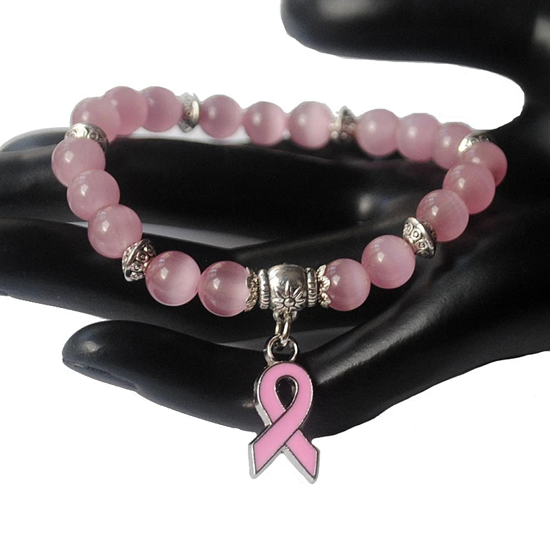 New Breast Cancer Awareness Pink Ribbon Charm Bracelet 5 Color Cat Eye Opal 8mm Beads Bracelets & Bangle  B004