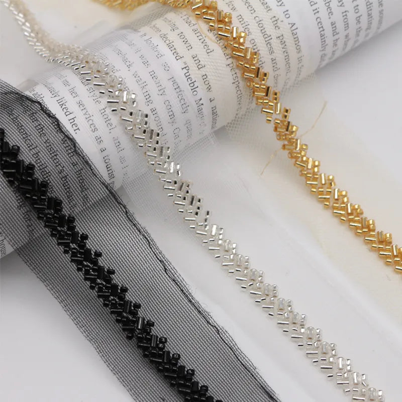 1Yard Black Gold Beading Pearl Trims Beaded Ribbon For Sewing Clothing Collar Headdress Accessories White Mesh Lace Decoration