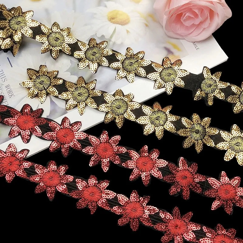 Hot 6CM Wide Glitter Organza Lace Fabric Sequins Beaded Flowers Embroidered Ribbon Collar Trim Applique For Wedding Dress Sewing