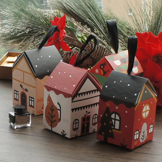 12 Pcs Christmas House Cat Tree Elk Design Paper Box Candy Gift Packaging Boxes Party Decoration Chocolate Macaron Packing