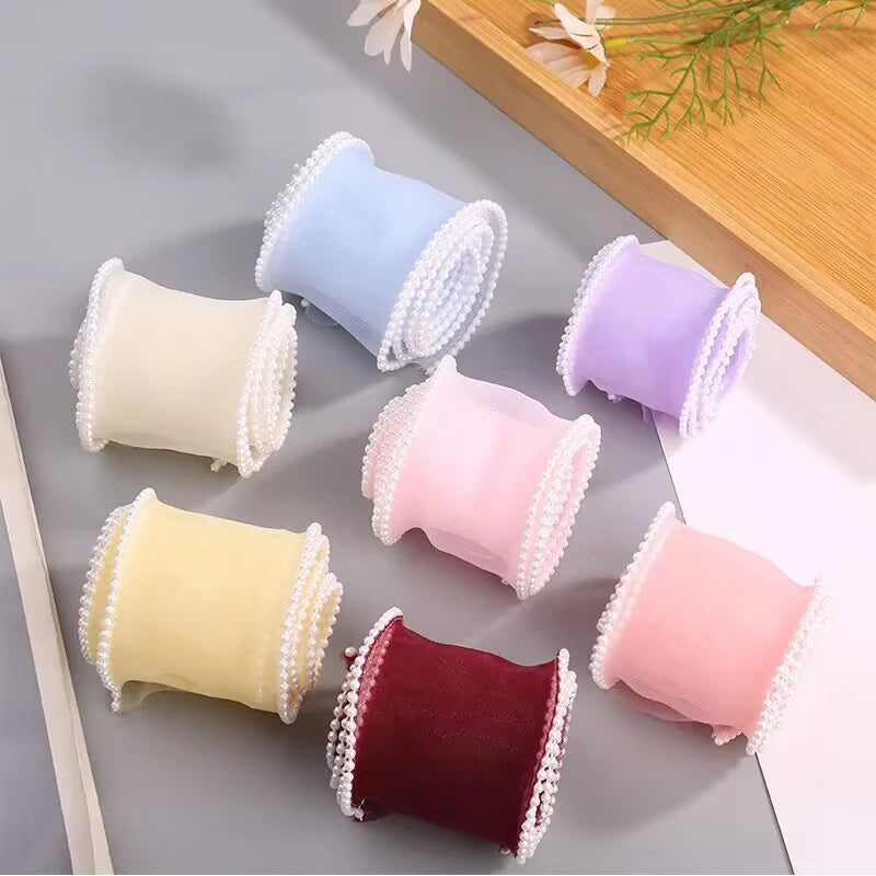 10 Yards 55MM Bead Edge Pearl Fishtail Yarn Wavy Organza Ribbon Rainbow Gradient DIY Bow Hair Accessories Material Gift Packing