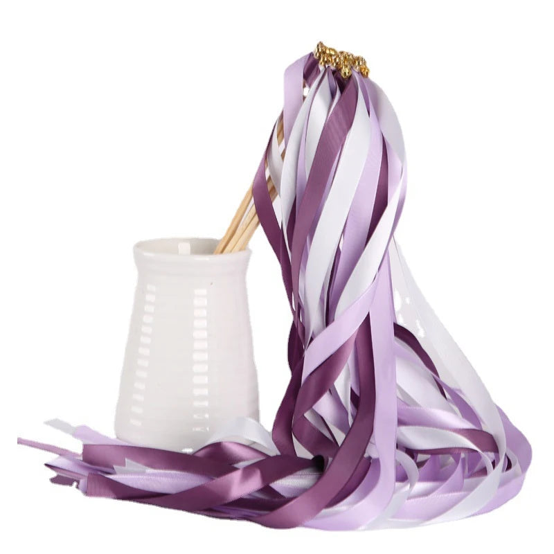 10Pcs/Set Twirling Wands Ribbon Wedding Party Favor Sticks with Bell Bride Groom