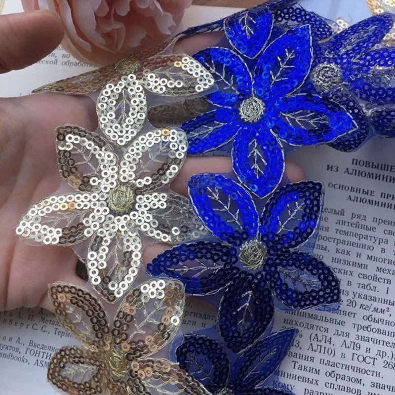 Hot 6CM Wide Glitter Organza Lace Fabric Sequins Beaded Flowers Embroidered Ribbon Collar Trim Applique For Wedding Dress Sewing