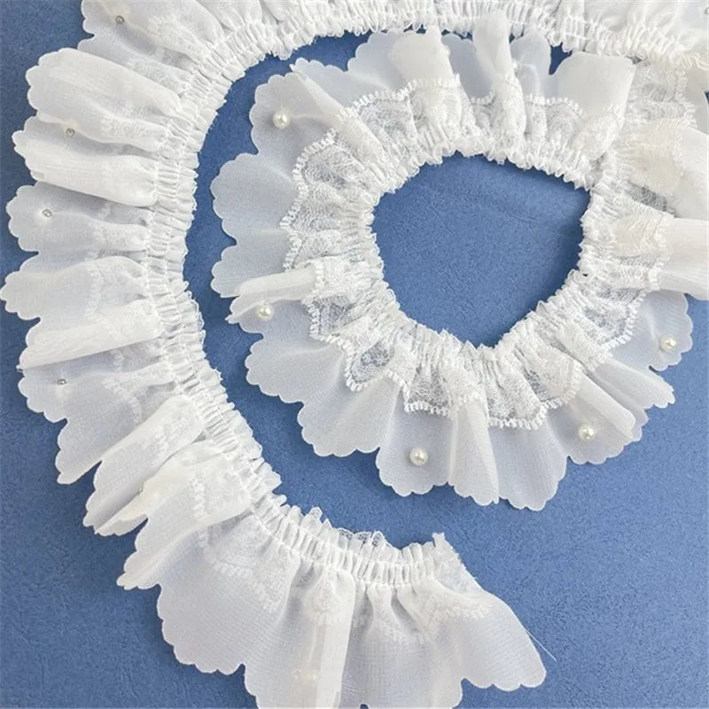 5CM Wide White Double Layers Pleated Chiffon Fabric Beaded Fringe Lace Ribbon Wedding Dress Collar Ruffle Trim DIY Sewing Decor