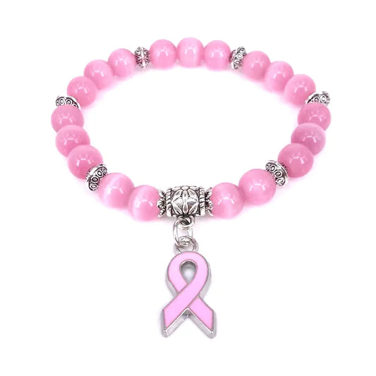 New Breast Cancer Awareness Pink Ribbon Charm Bracelet 5 Color Cat Eye Opal 8mm Beads Bracelets & Bangle  B004