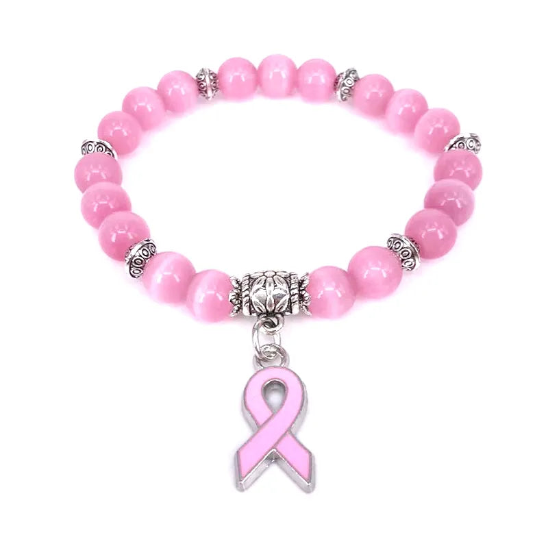 New Breast Cancer Awareness Pink Ribbon Charm Bracelet 5 Color Cat Eye Opal 8mm Beads Bracelets & Bangle  B004