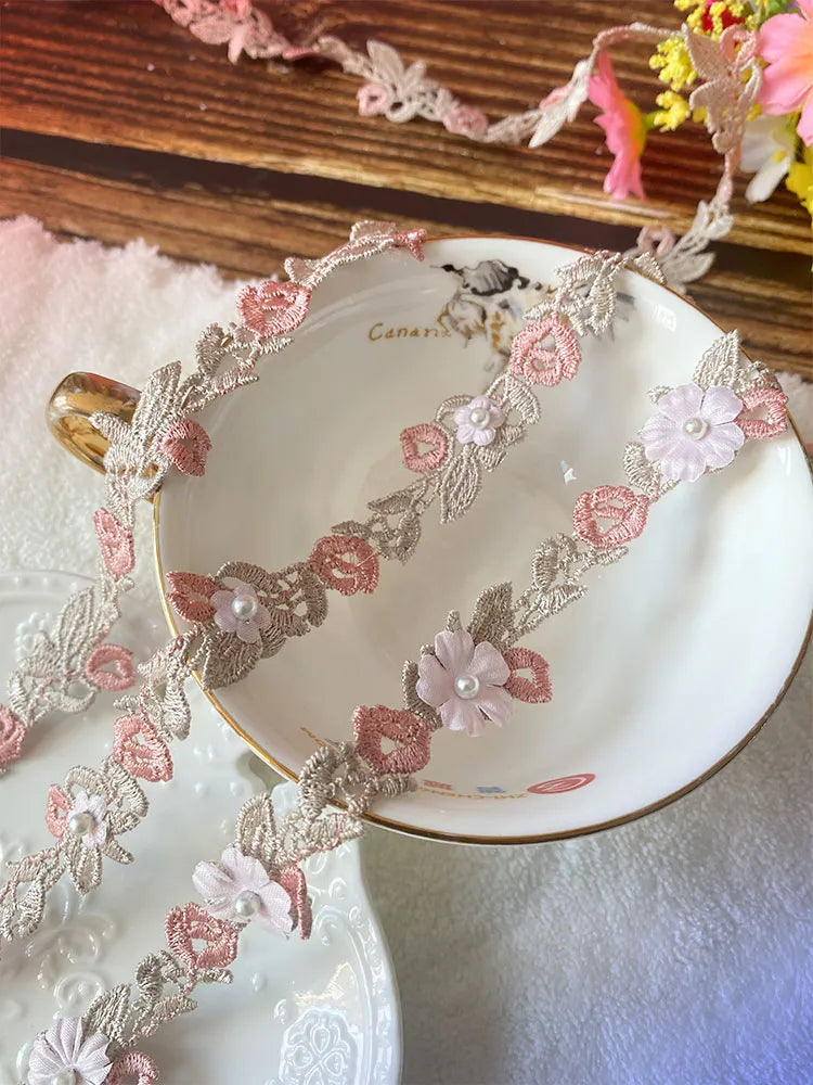 1 Yard 2.2cm Wide Pink Golden Beaded Embroidery Mesh Ribbon Trim for Wedding Dress Fringe Collar Patches Applique Bra Decor Lace