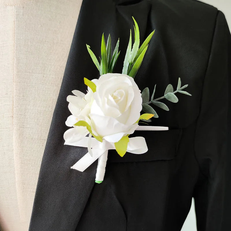 LKY Fr Wedding Accessories White Boutonniere Buttonhole Silk Flowers Rose Corsage Lapel Pin Bridesmaid Boutonniere Mariage Homme