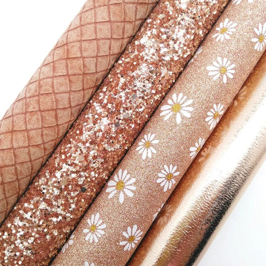 Rose Gold Chunky Glitter Leather, Daisy Printed Glitter Fabric, Metallic Snake Faux leather 21x29CM Twinkling Ming KM466