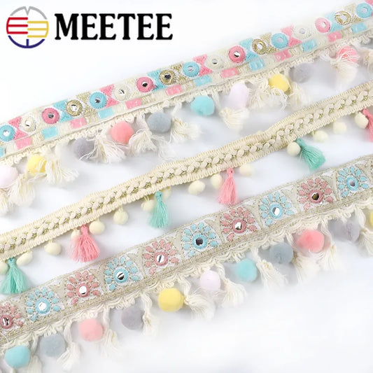 1/2Meter Meetee Pompom Trim Ball Tassel Lace Fabric Cotton Kintted Beaded Ribbon DIY Crafts Home Decoration Sewing Accessories