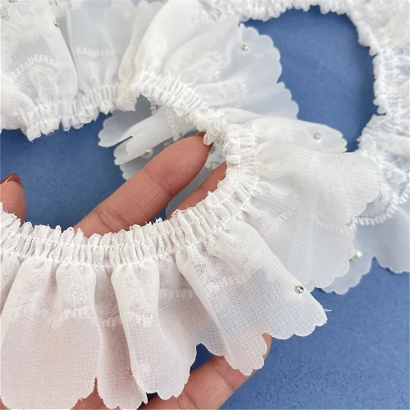 5CM Wide White Double Layers Pleated Chiffon Fabric Beaded Fringe Lace Ribbon Wedding Dress Collar Ruffle Trim DIY Sewing Decor