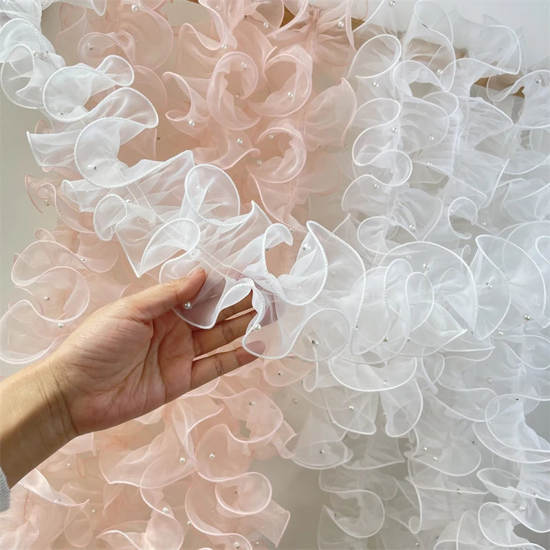 Pink White Blue Colorful Organza Pleated Lace Trims Ribbon Fabric Applique Fold Ruffle with Beads DIY Sewing Supplies Craft