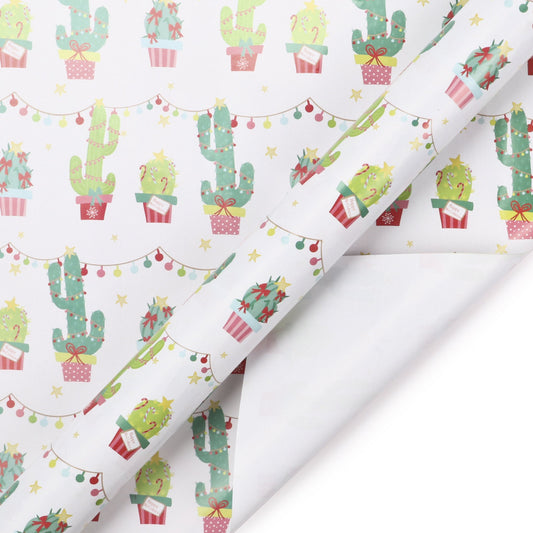 Cactus Pom Pom Xmas Wrapping Paper Sheets White/Green Multi 4