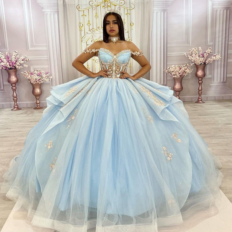 Angelsbridep Hot Sky Blue Quinceanera Dresses With Detachable Train