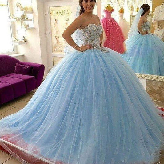 Angelsbridep Sky Blue Crystal Beading Ball Gown 15 Year Old