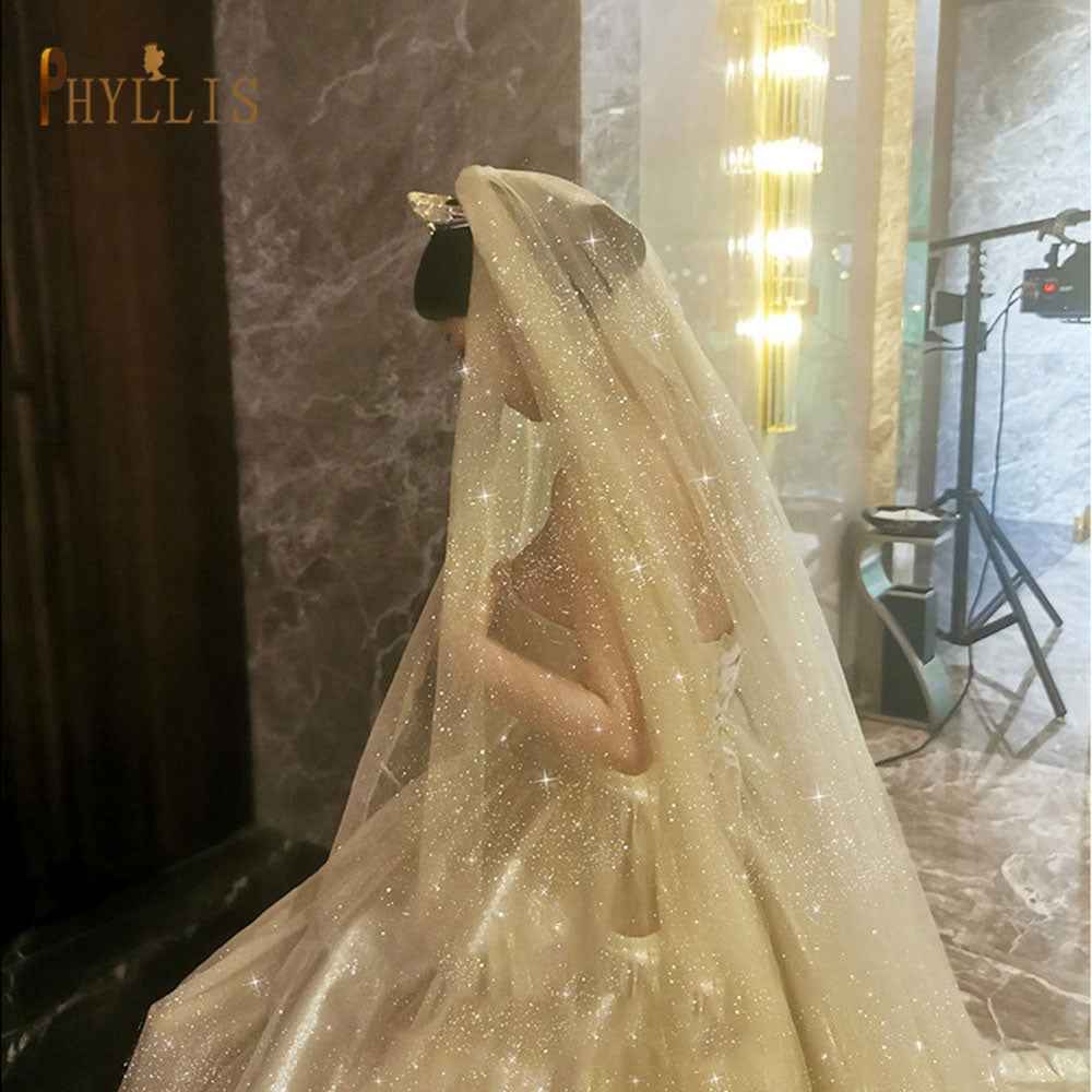 B58 D Luxury Cathedral Wedding Veil Bling Bling Bridal Veils Soft