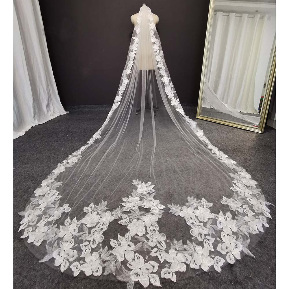 Beautiful Flower Lace Wedding Veil 3 Meters 1 Layer Soft Tulle