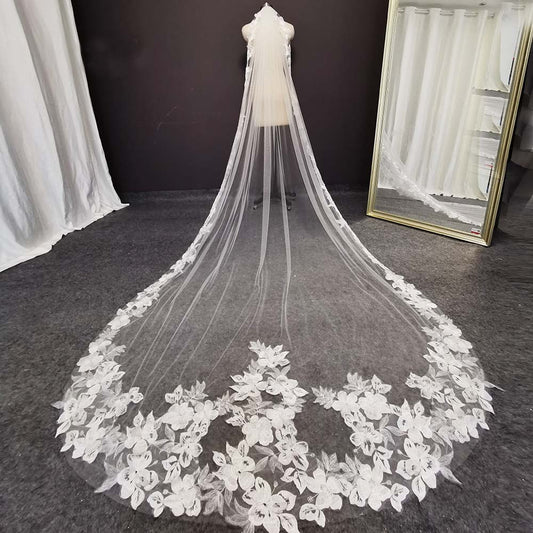 Beautiful Flower Lace Wedding Veil 3 Meters 1 Layer Soft Tulle