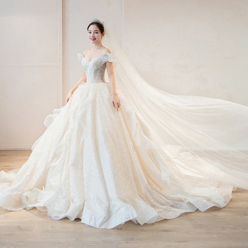 Boat Neck Wedding Dress Luxury Lace Embroidery Bridal Ball Gown