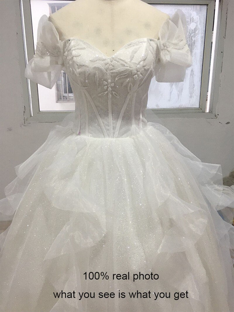 Boat Neck Wedding Dress Luxury Lace Embroidery Bridal Ball Gown