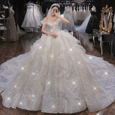 Boat Neck Wedding Dress Luxury Lace Embroidery Bridal Ball Gown