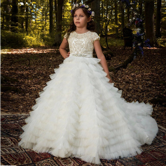 Flower Girl Dress Sweetheart Sleeveless Tulle Lace Applique Ruched