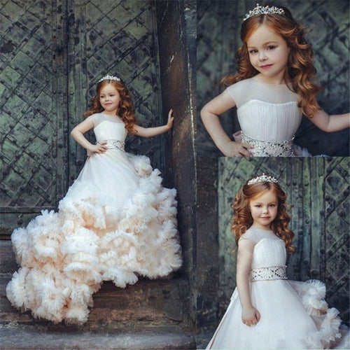 Gorgeous Off Shoulder Champagne Lace Court Train Flower Girl Dresses