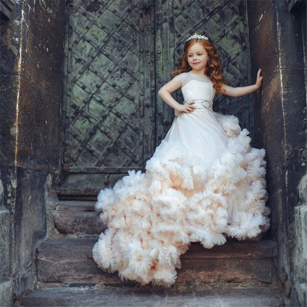 Gorgeous Off Shoulder Champagne Lace Court Train Flower Girl Dresses