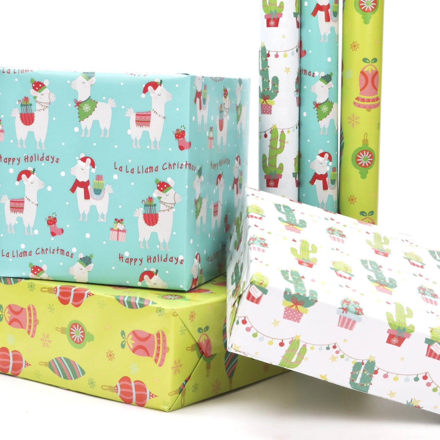 Cactus Pom Pom Xmas Wrapping Paper Sheets White/Green Multi 4