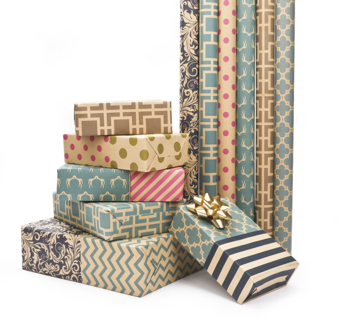 Reversible Modern Kraft Moroccan Lattice/Stripes Wrapping Paper Sheets