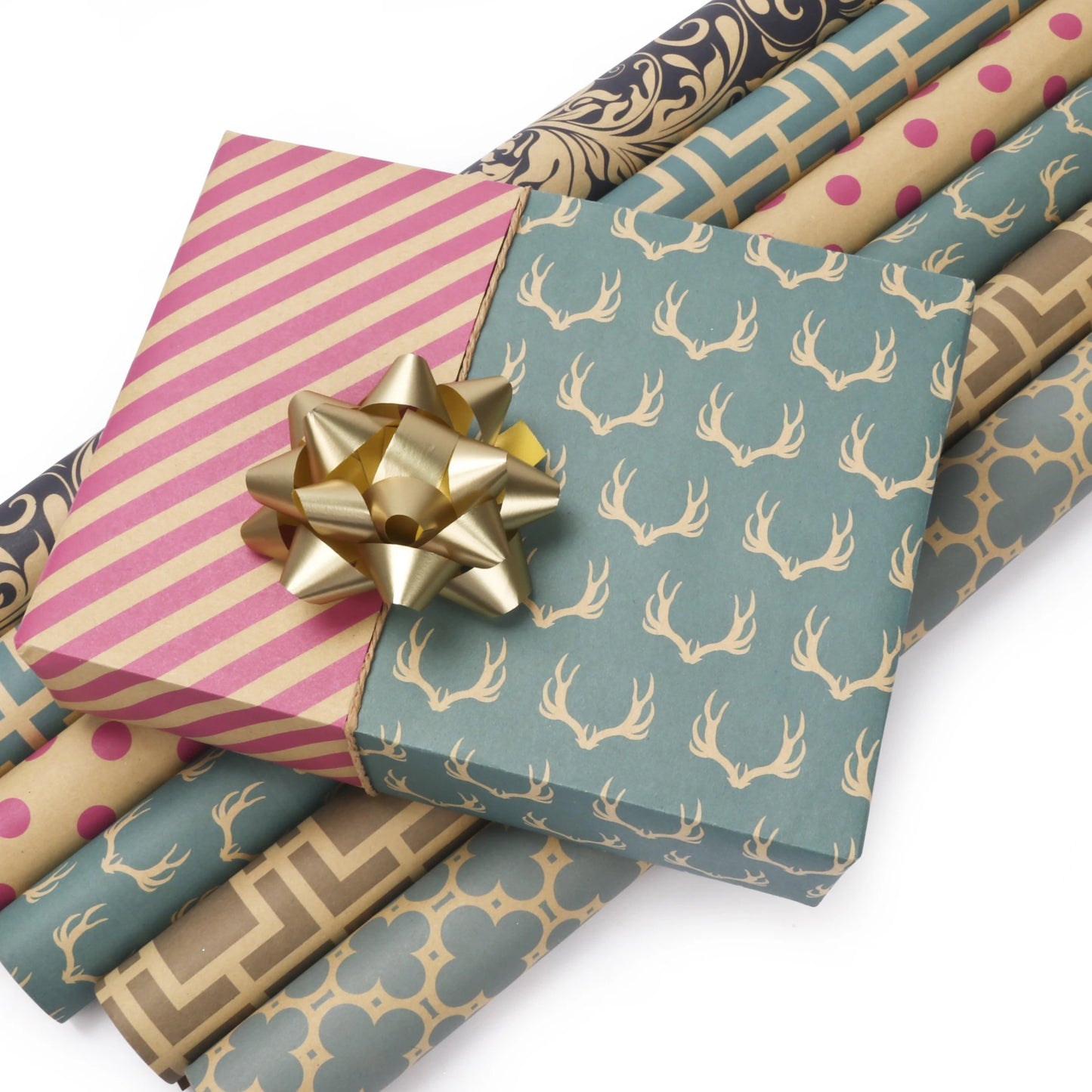 Reversible Modern Kraft "Chevron/Damask" Wrapping Paper Sheets - (4) -