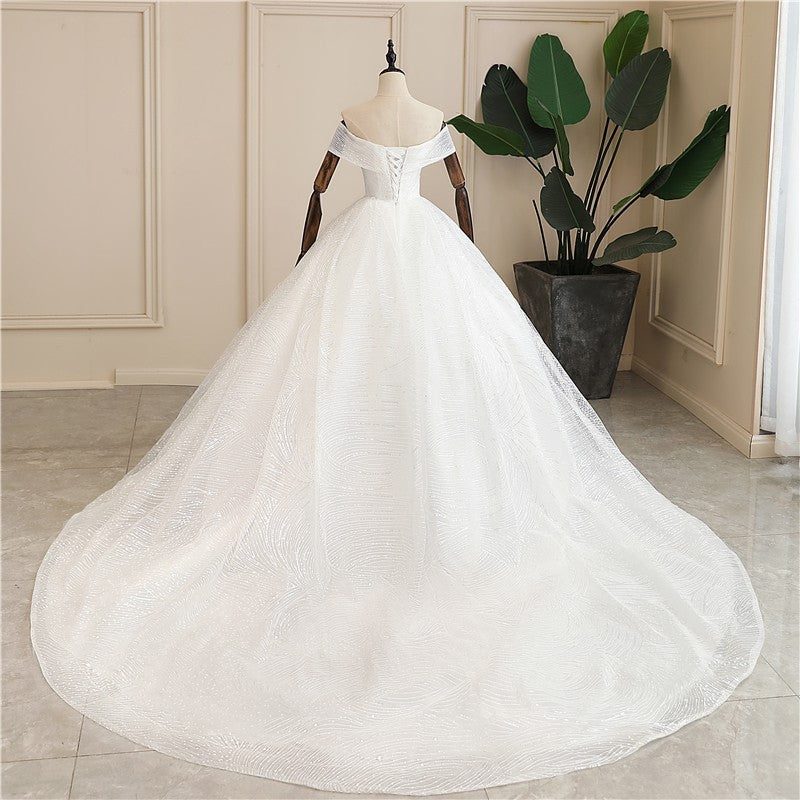 Luxury Sequins Wedding Dress Classic Boat Neck Bridal Gown Off The
