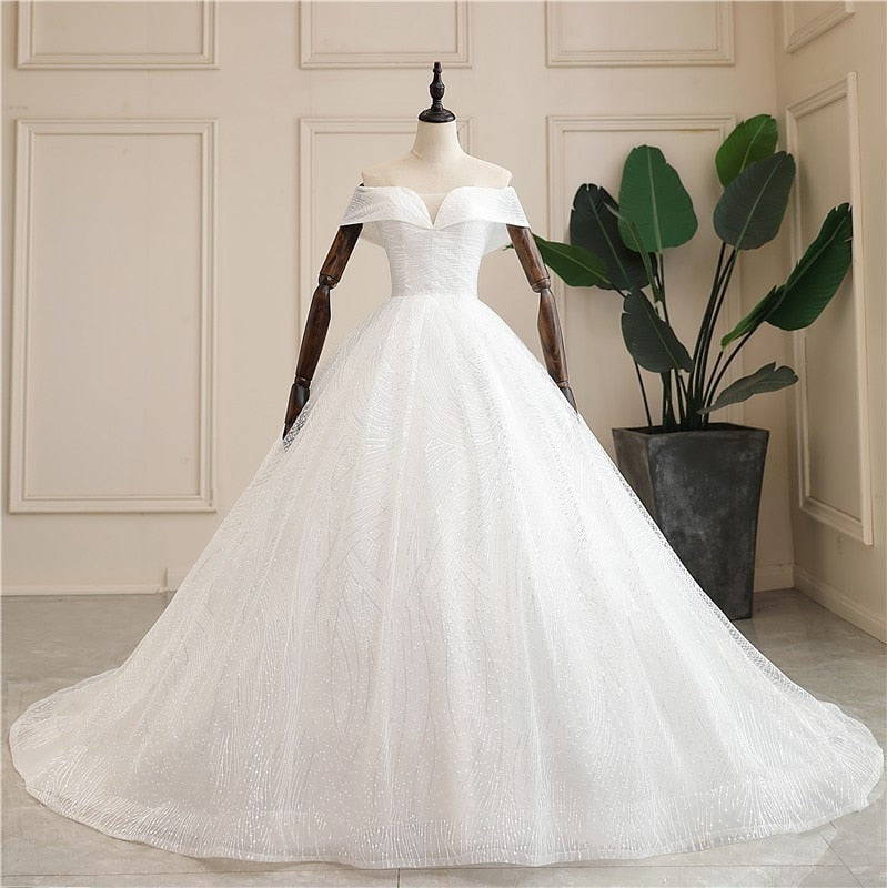Luxury Sequins Wedding Dress Classic Boat Neck Bridal Gown Off The